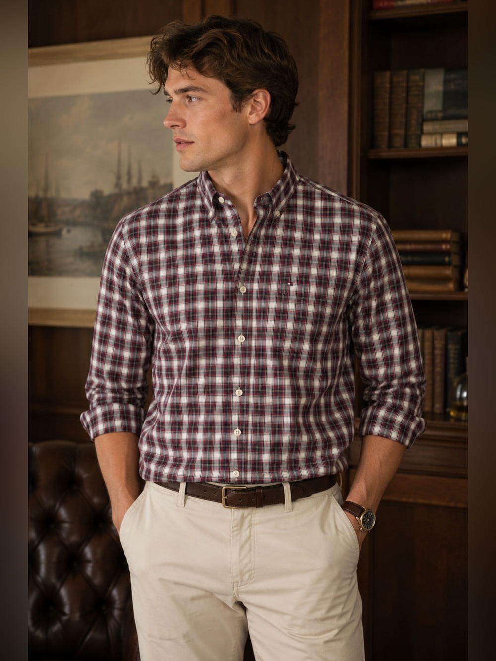 Tommy Hilfiger Maroon Plaid Button Down Shirt | Preppy Old Money Men’s Medium